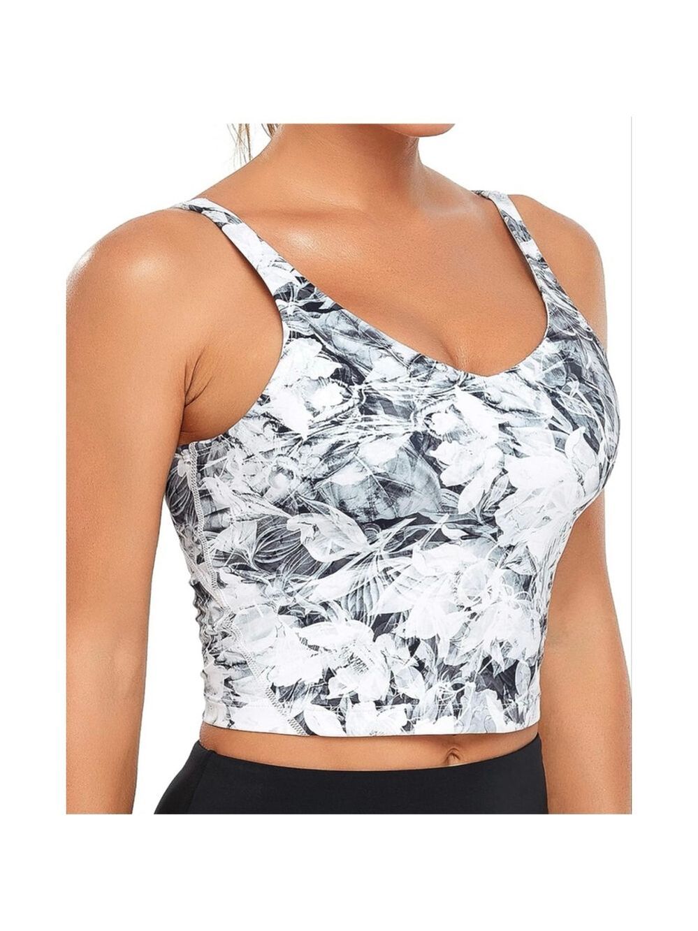 Oalka Black & White Floral Sports Bra Crop Top Women’s Size L